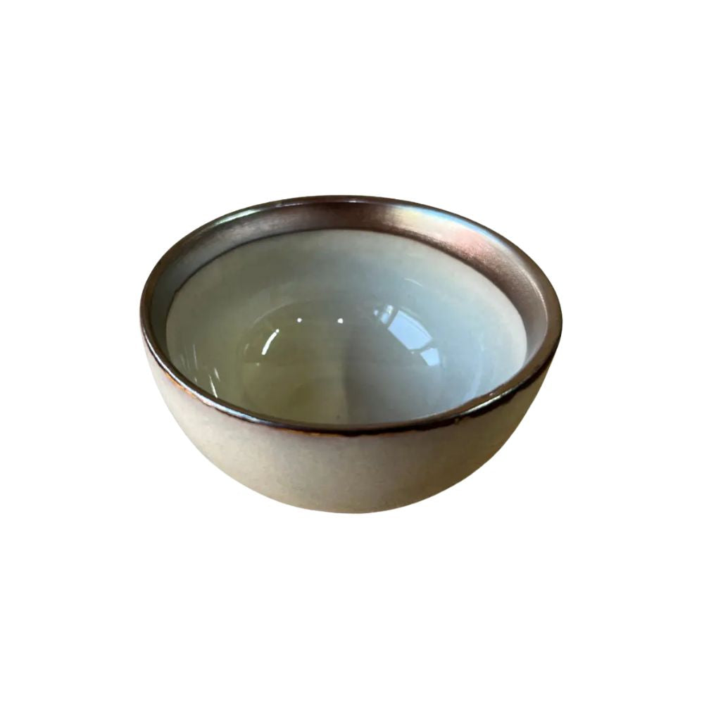 POCILLO CERAMICA BEIGE BORDE CAFE 9X5 CM