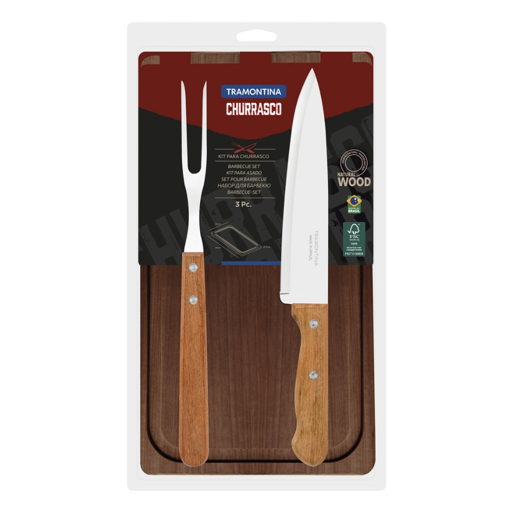 KIT ASADO 3 PIEZAS CHURRASCO + TABLA MADERA NATURAL TRAMONTINA