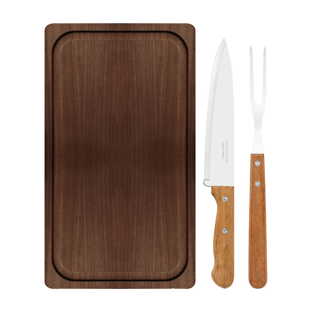 KIT ASADO 3 PIEZAS CHURRASCO + TABLA MADERA NATURAL TRAMONTINA