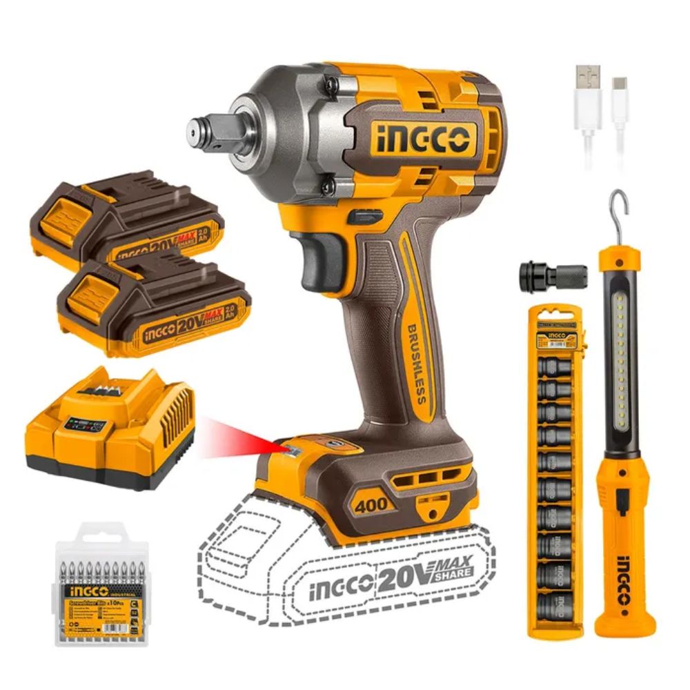 LLAVE DE IMPACTO BL 1/2" 20V/400NM +2BAT +10 DADOS +LINTERNA COSLI23048 INGCO