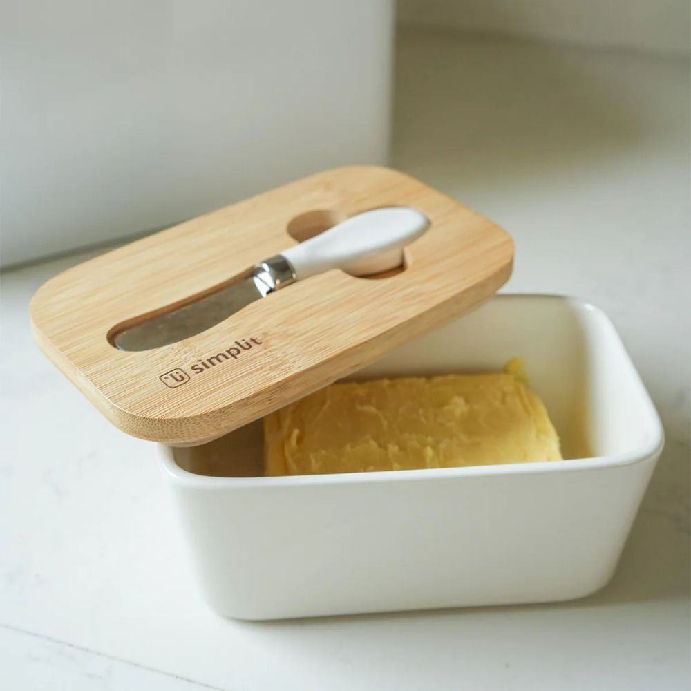 MANTEQUILLERO CERAMICO TAPA MADERA + CUCHILLO SIMPLIT