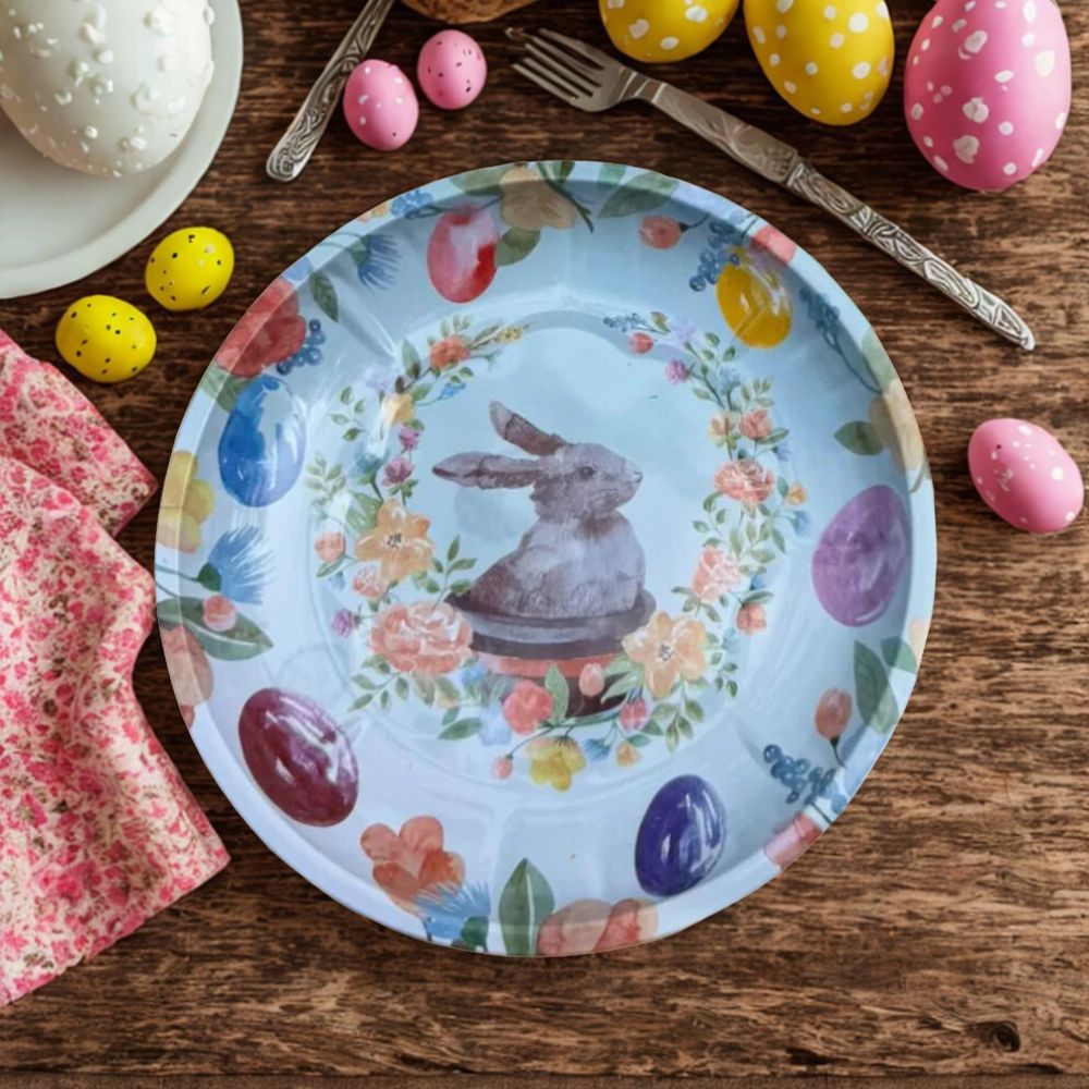 PLATO METALICO CONEJITO PASCUA HUEVOS Y FLORES 20 CM