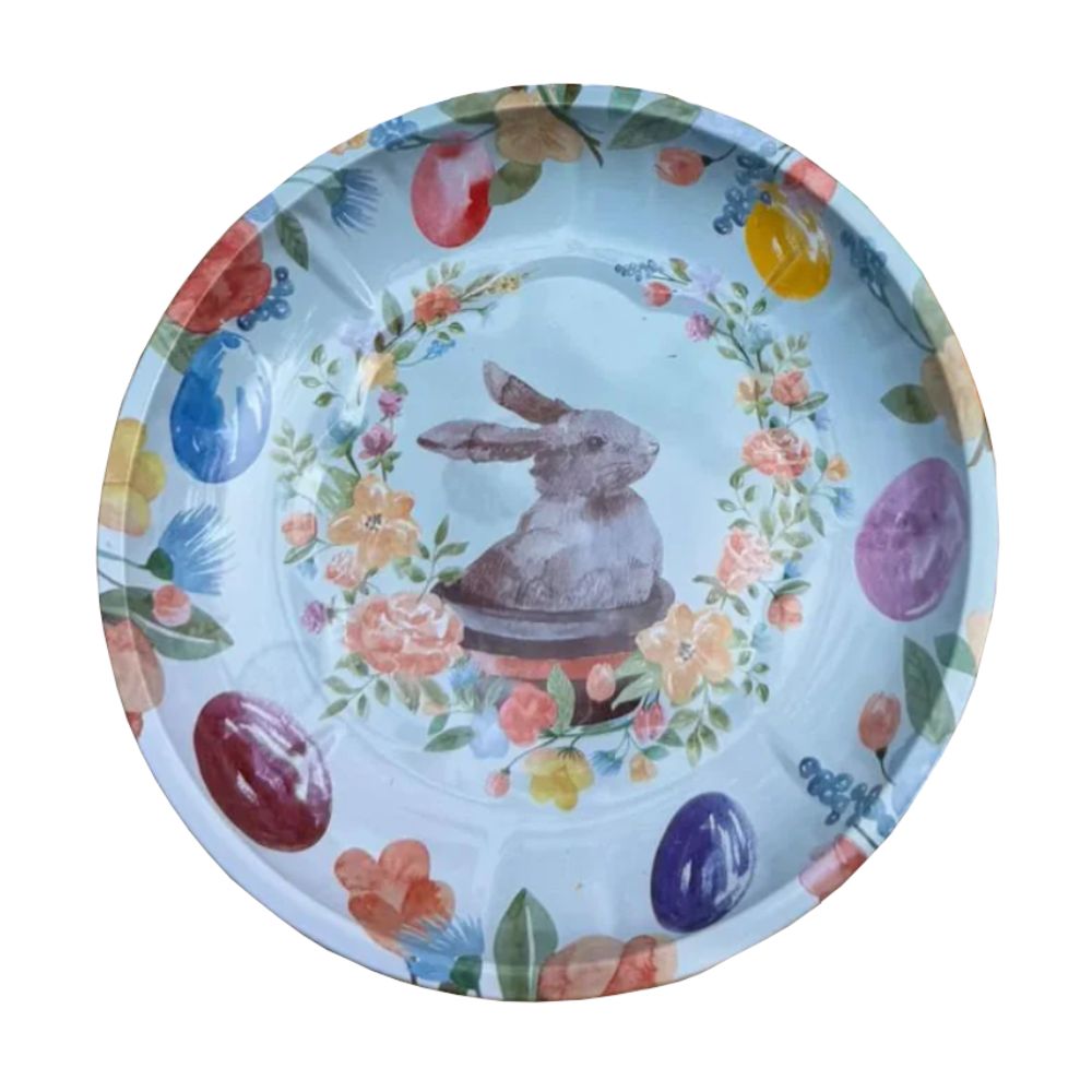 PLATO METALICO CONEJITO PASCUA HUEVOS Y FLORES 20 CM