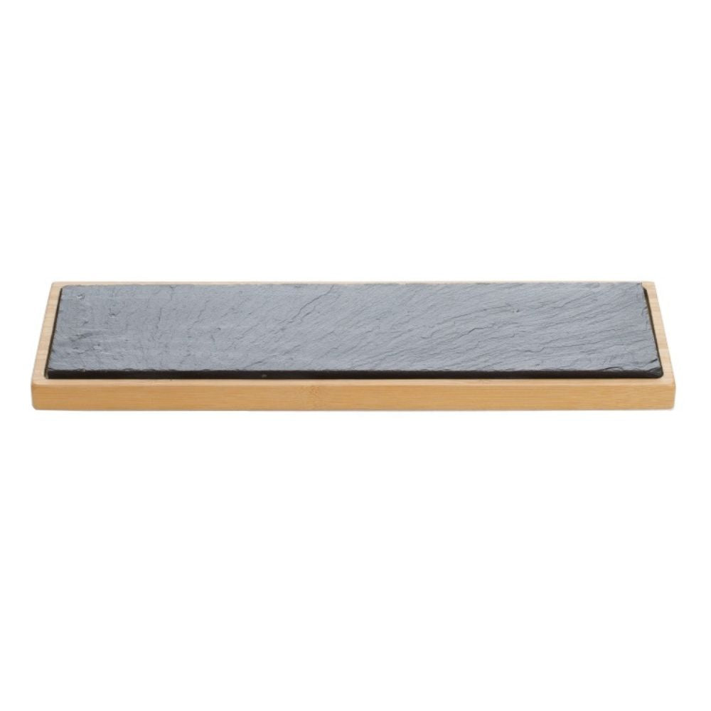 BANDEJA PIEDRA PIZARRA CON BASE BAMBU 40X10 CM