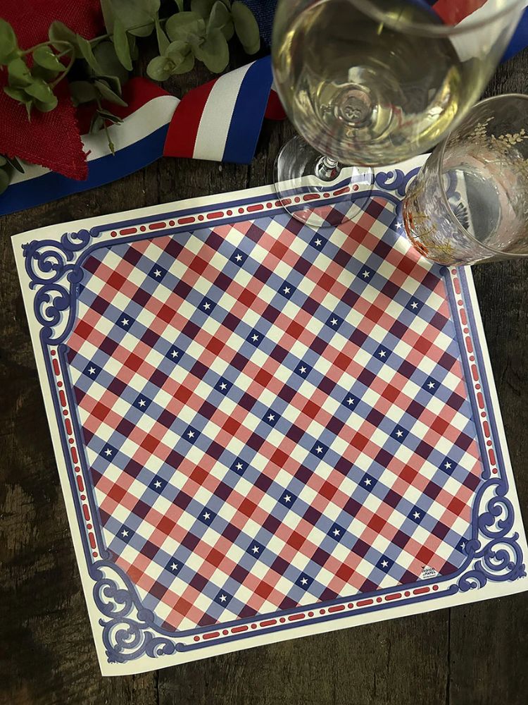 SET 12 PLATO BASE BORDE TARTAN INDIGO DE PAPEL