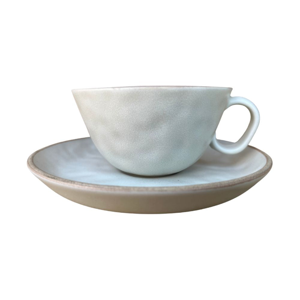 SET TAZA C/ PLATO CERAMICA BLANCA BEIGE 200 ML