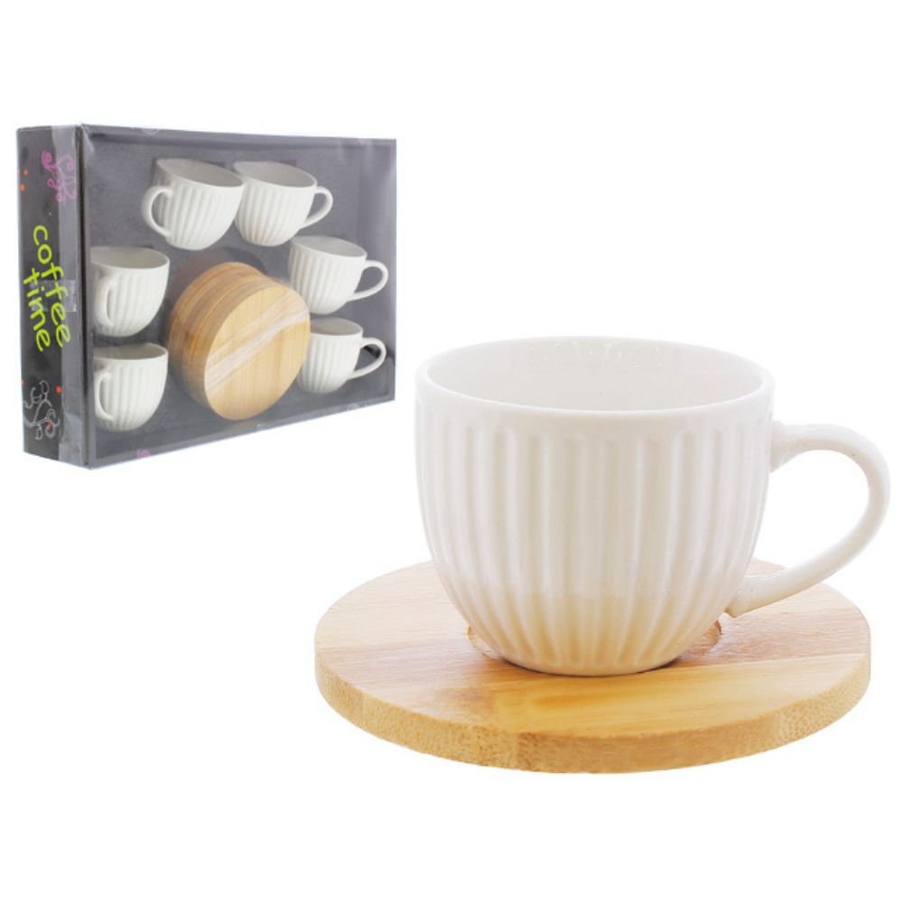 SET TACITAS LOZA ESTRIADO CON PLATO BAMBU 12 PIEZAS