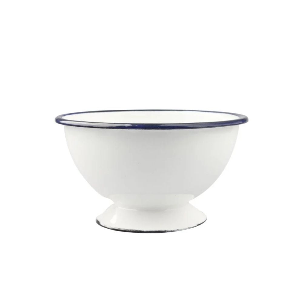 BOWL CON PIE ACERO ESMALTADO BLANCO BORDE AZUL 12 CM IBILI