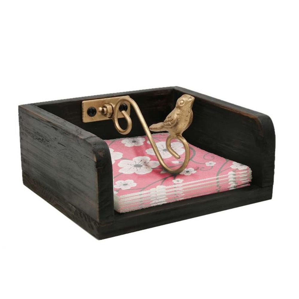 SERVILLETERO MADERA NEGRO CON PAJARITO DORADO METAL