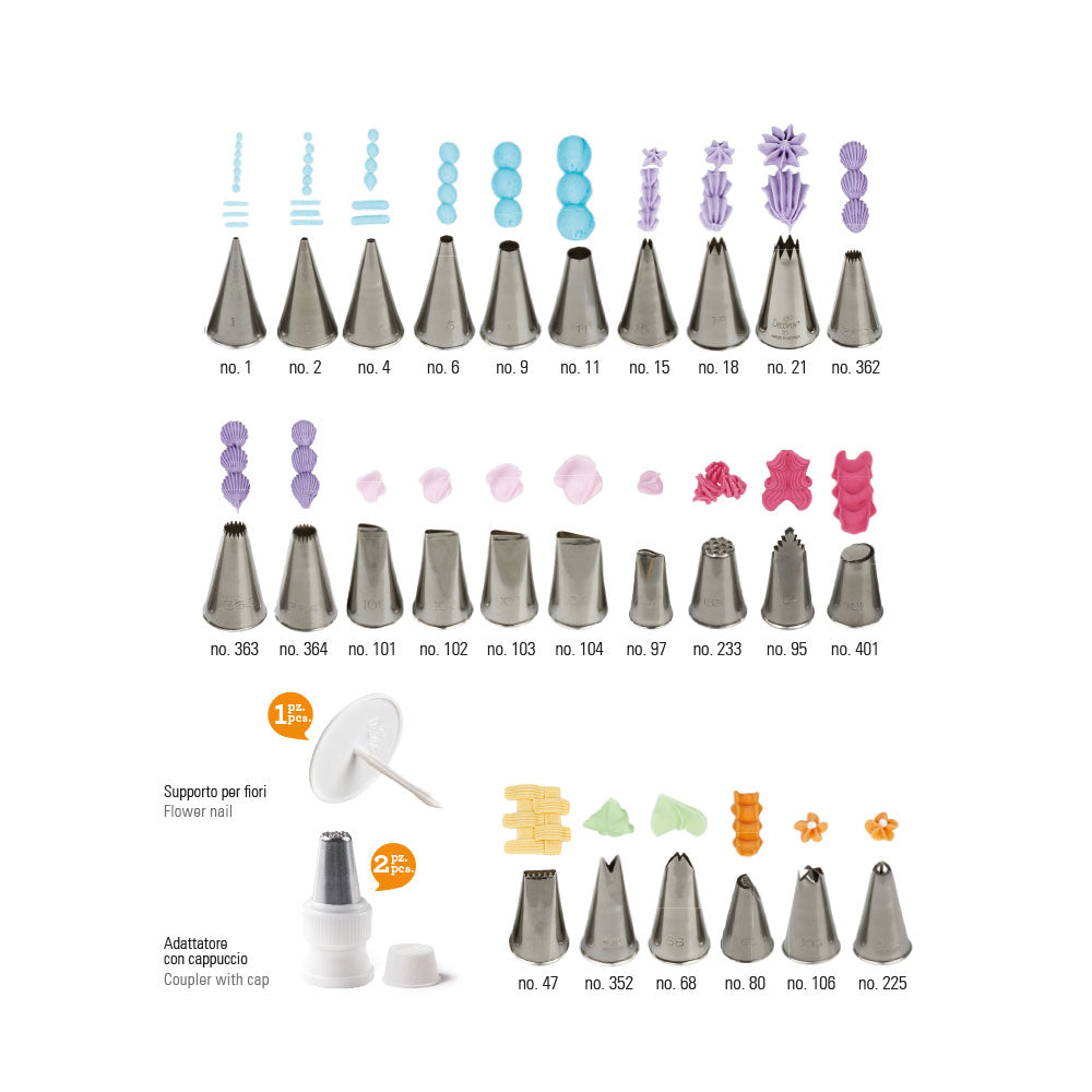 SET 26 BOQUILLAS, 2 ADAPTADORES Y SOPORTE DECORA