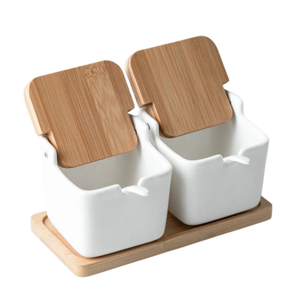 SET 2 ESPECIEROS CERAMICA BASE MADERA Y CUCHARA