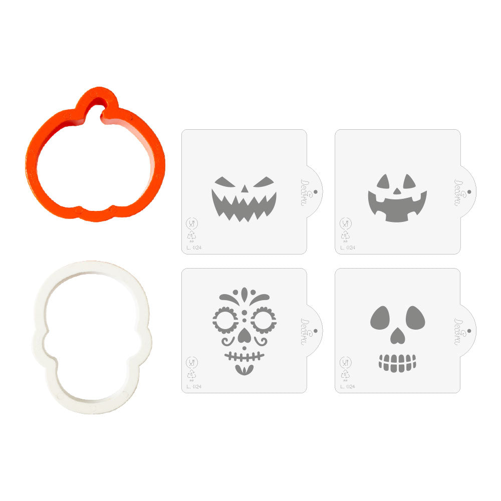 SET 2 CORTA GALLETA Y 4 PLANTILLAS CALABAZA/CALAVERA DECORA