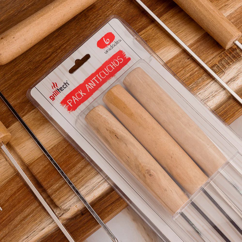 SET 6 FIERROS ANTICUCHOS M/MADERA GRILLTECH
