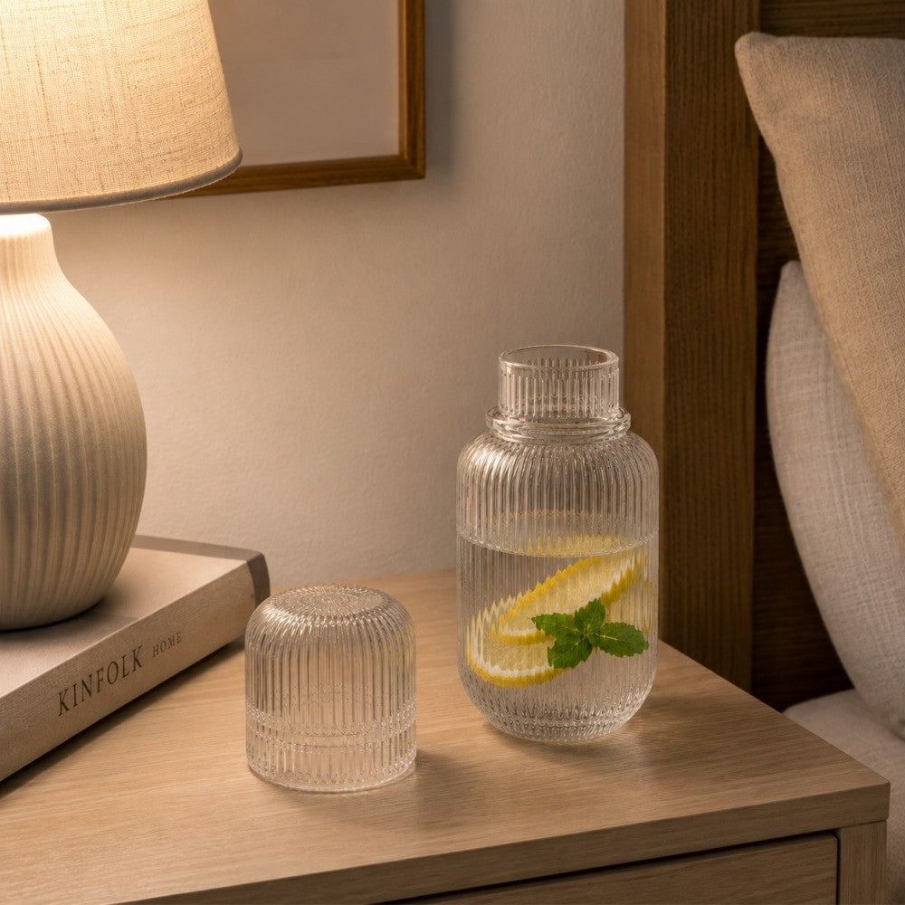 JARRA AGUA CON VASO VIDRIO LINEAS TALLADO 550 ML